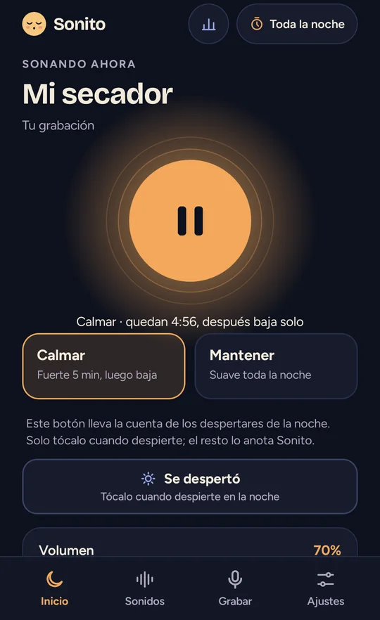 Pantalla de inicio de Sonito reproduciendo 'Mi secador' en modo Calmar